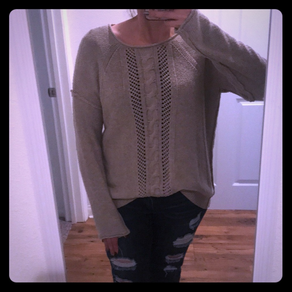 Mystree Knitt tan sweater with extended shoulders